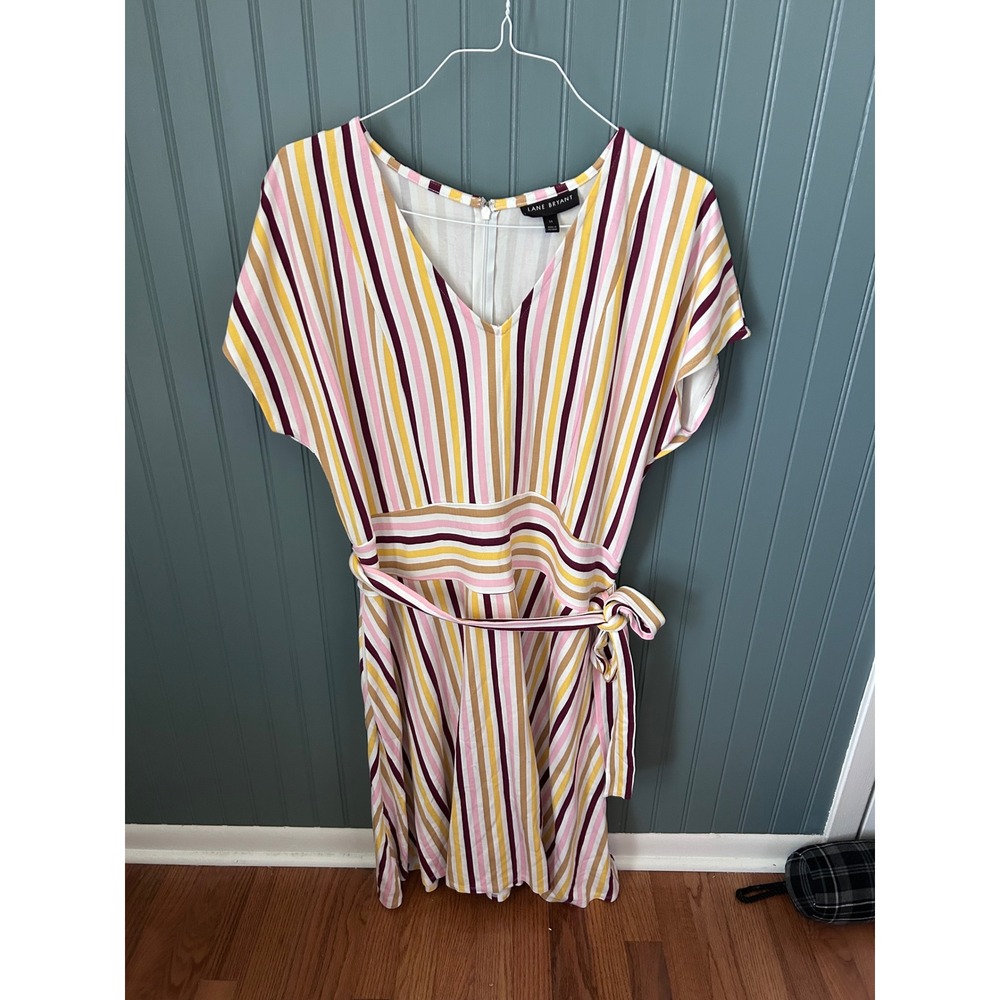 Lane Bryant Pink Yellow Striped V-Neck Belted Midi Dress Womens 16 Short Sleeve